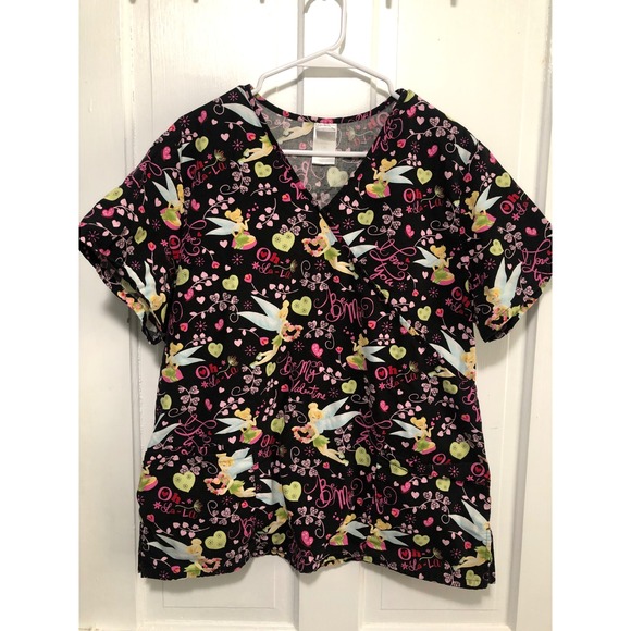 Disney Tops - Disney Tinker Bell Fairy Valentine Love Scrub Top Hearts Black Pink Hearts L